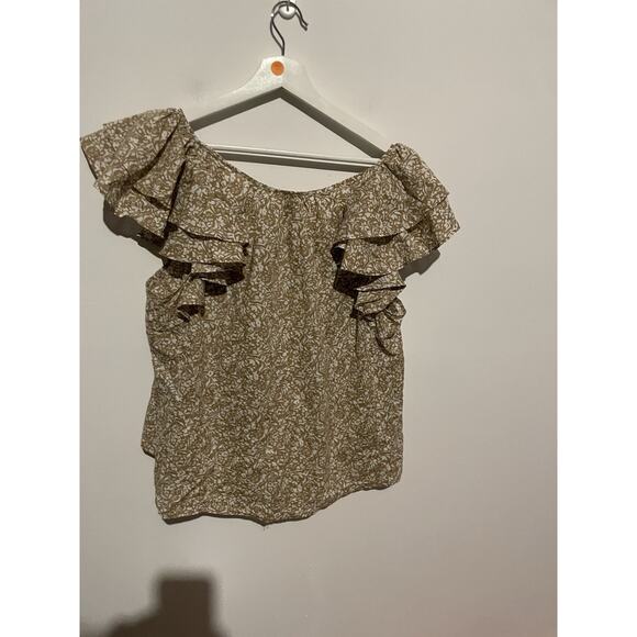 Universal Thread Women's Ruffle Short Sleeve Blouse Tan and White Floral Size L - Picture 6 of 6